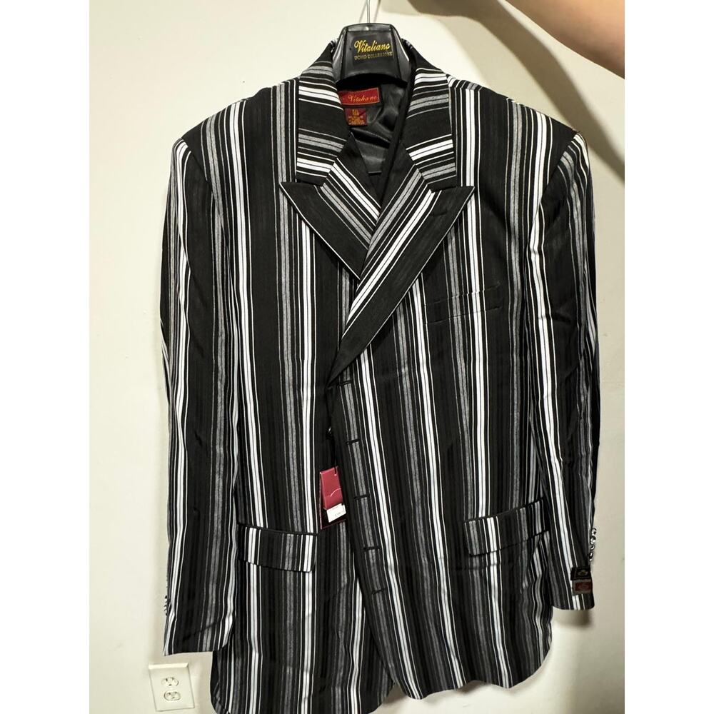 Vitaliano Men's Black and White Striped 3 Piece Suit